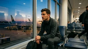 Müder MLS-Spieler an einem Stadtflughafen vor einer Auswärtsreise