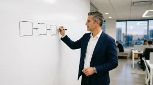 Analyst skizziert die Salary-Cap-Struktur eines MLS-Klubs an einer Wandtafel
