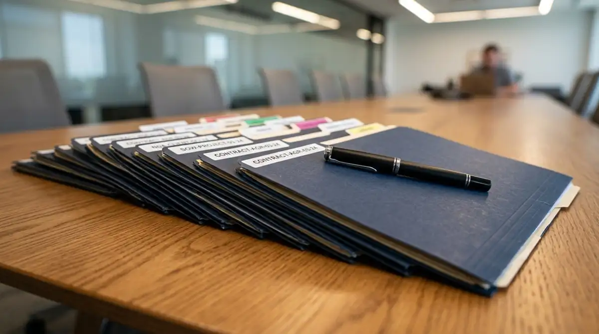 Sortierte Vertragsdokumente auf einem Konferenztisch als Symbol für Cap-Verwaltung