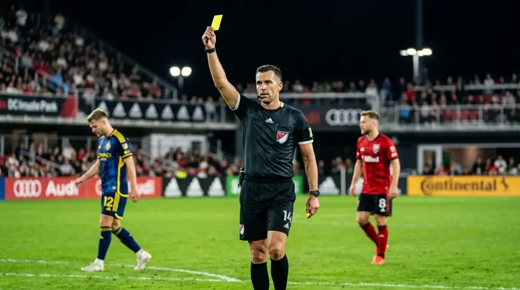MLS-Schiedsrichter hält eine gelbe Karte hoch, im Hintergrund unscharfe Spieler
