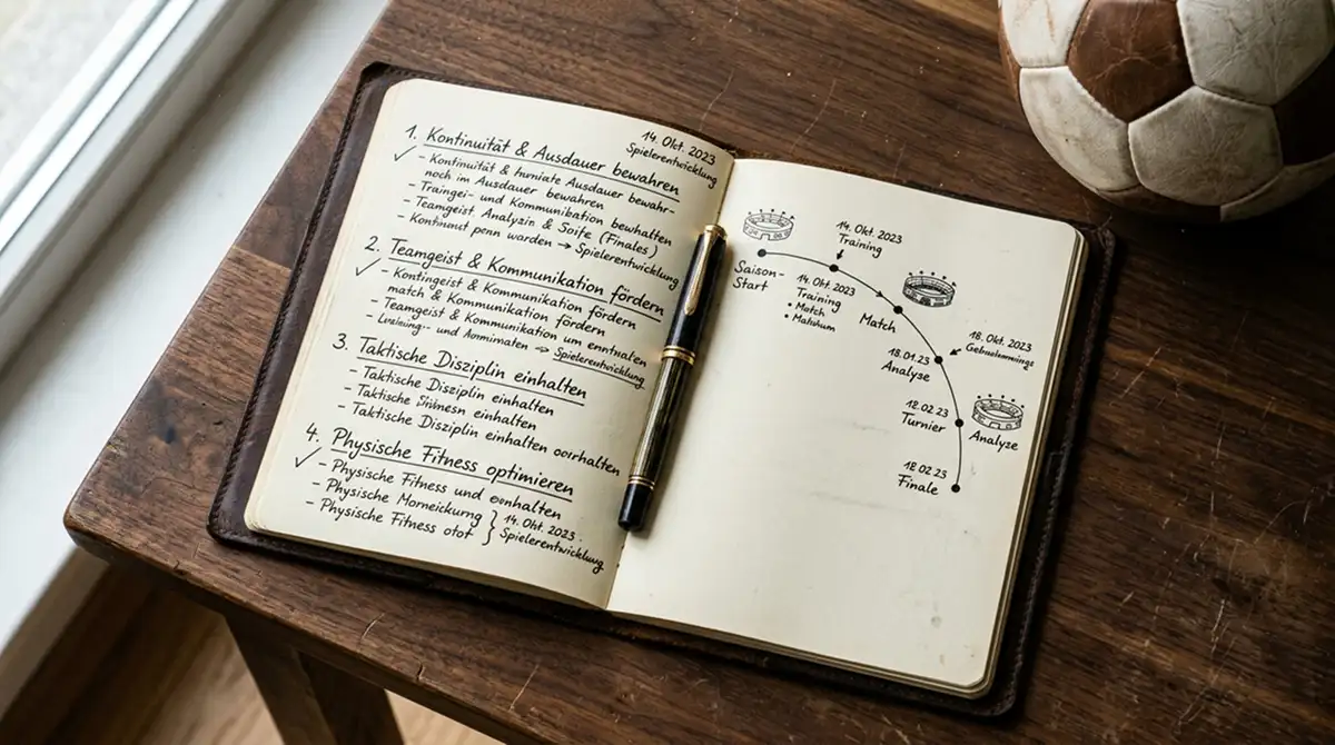 Notizbuch mit Saison-Spielplan und MLS-Logos am Schreibtisch