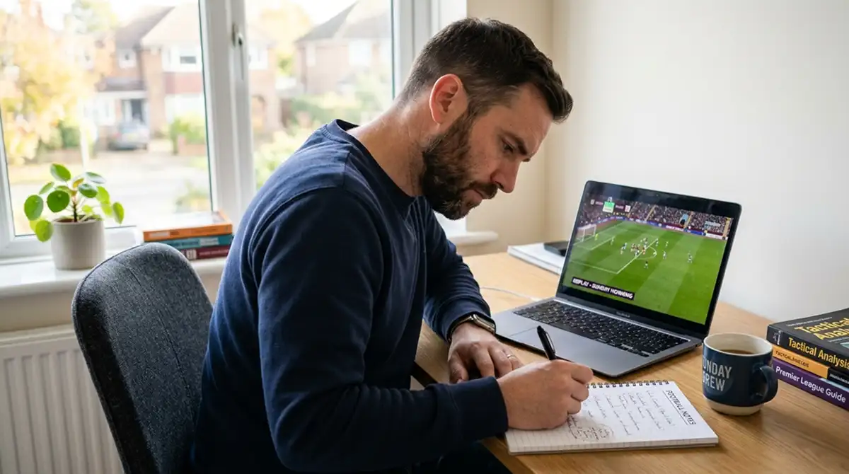 Tipper analysiert ein aufgezeichnetes MLS-Spiel am Sonntagmorgen am Schreibtisch