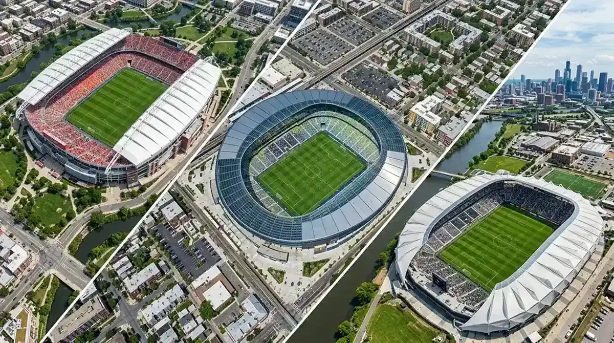 Mehrere amerikanische MLS-Stadien aus der Luft an einem Spieltag