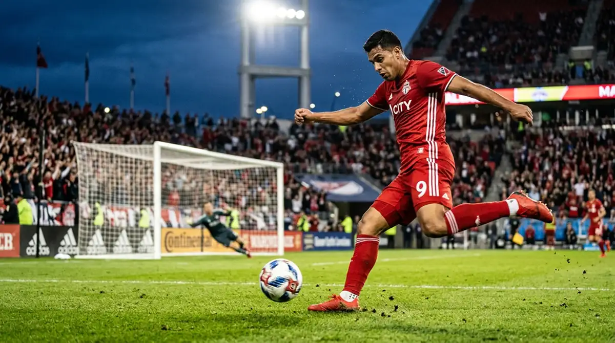 MLS-Stürmer trifft den Ball mit dem Schuss aufs Tor unter Flutlicht