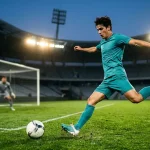 Junger MLS-Spieler im Trikot beim Torschuss im Stadion
