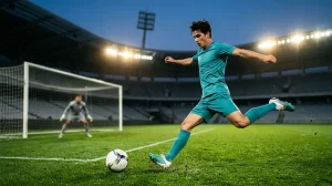 Junger MLS-Spieler im Trikot beim Torschuss im Stadion