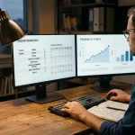 Analyst betrachtet Bildschirme mit MLS-Statistiken und Wahrscheinlichkeiten