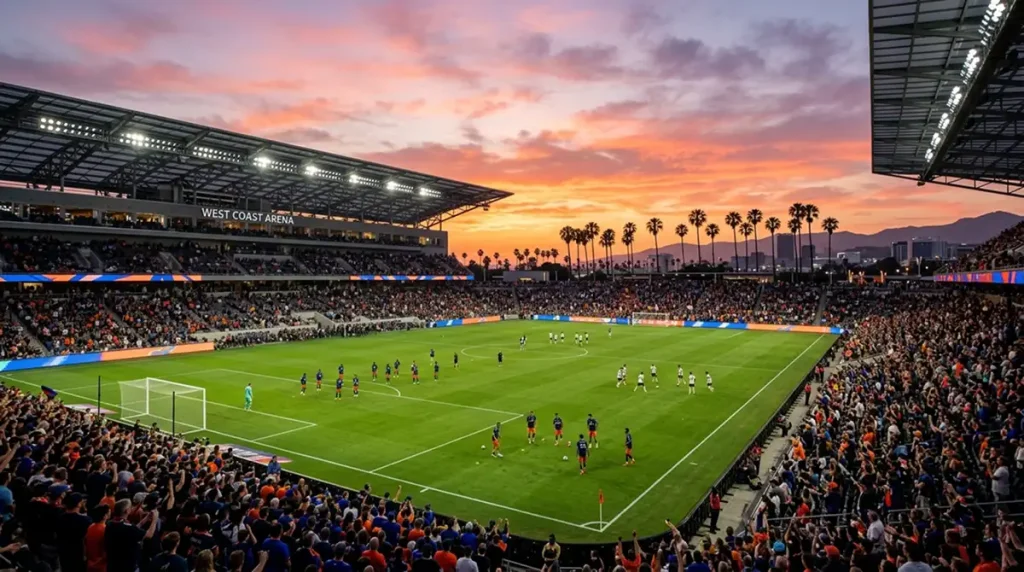 Soccer-Stadion an der amerikanischen Westküste bei Sonnenuntergang während eines MLS-Spiels