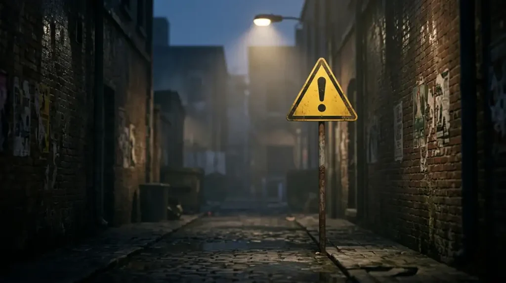 Gelbes Warnschild vor einem dunklen Hintergrund als Symbol für unlizenzierte Anbieter