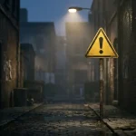 Gelbes Warnschild vor einem dunklen Hintergrund als Symbol für unlizenzierte Anbieter