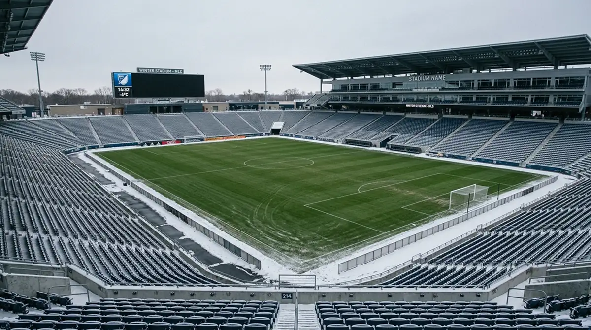 Leeres MLS-Stadion mit Schneerand und gedeckten Sitzschalen während der Pause