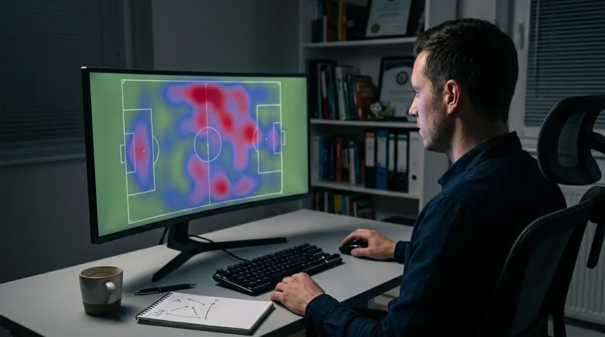 Spielanalyse mit Schuss- und xG-Daten auf einem Bildschirm im Heimstudio