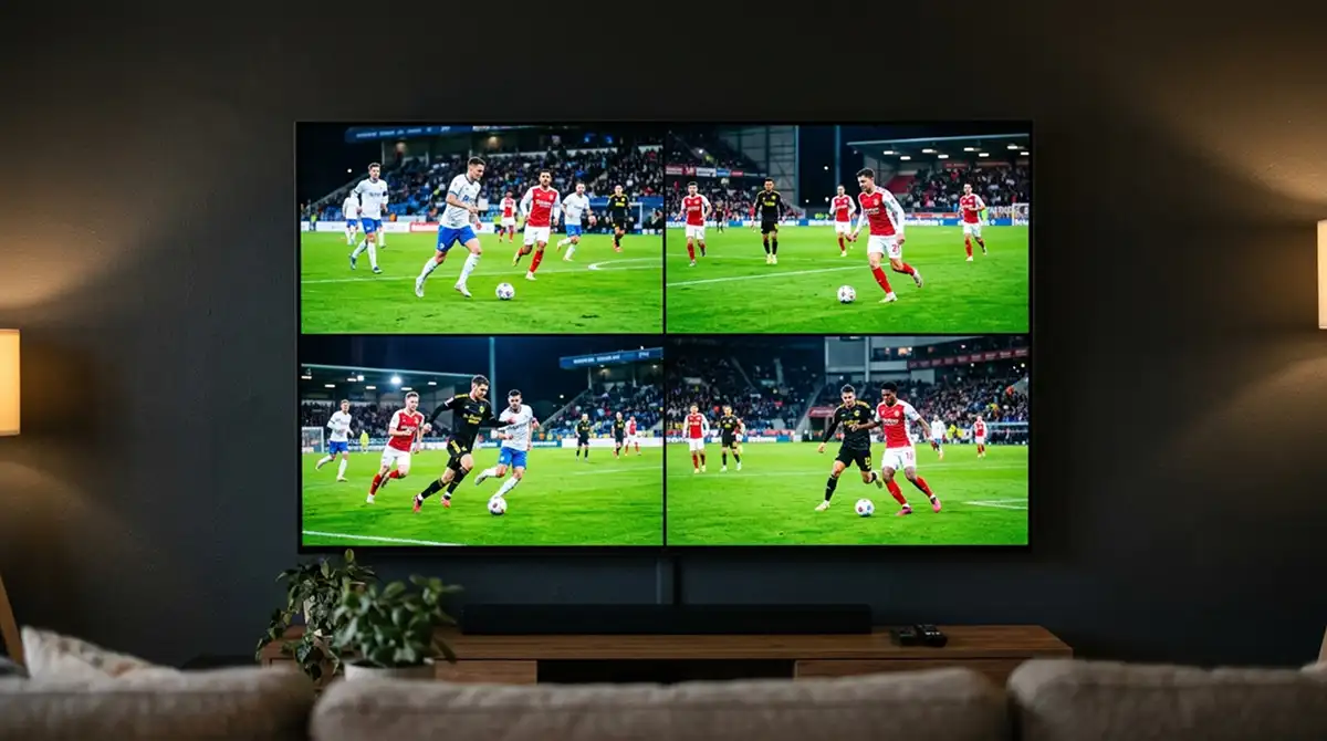 Großbildschirm zeigt vier parallele Fußballspiele in geteilter Ansicht