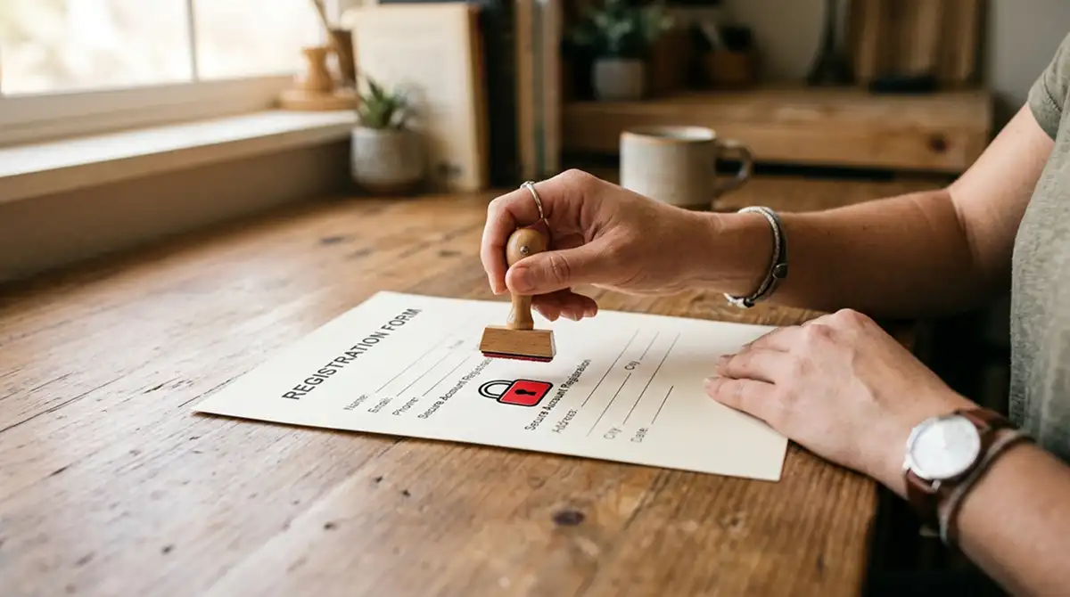 Hand legt ein Sperrsymbol auf ein Anmeldeformular als Symbol für Selbstsperre