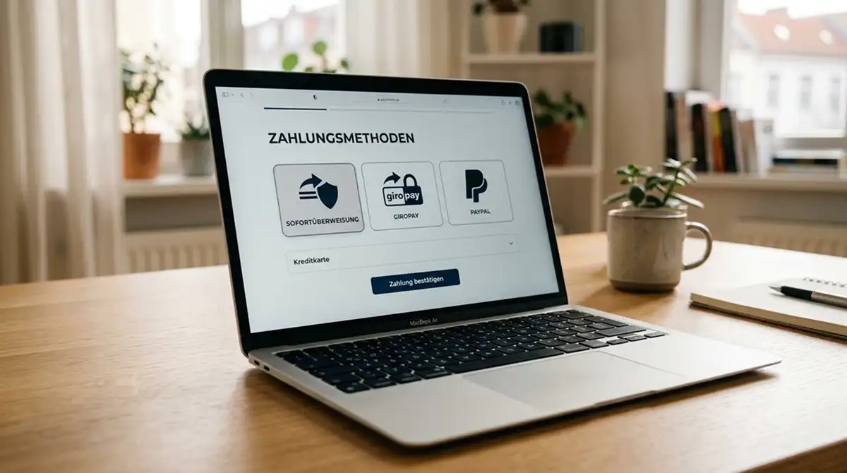 Laptop mit Symbolen für sichere Online-Zahlungsmethoden bei deutschen Wettanbietern