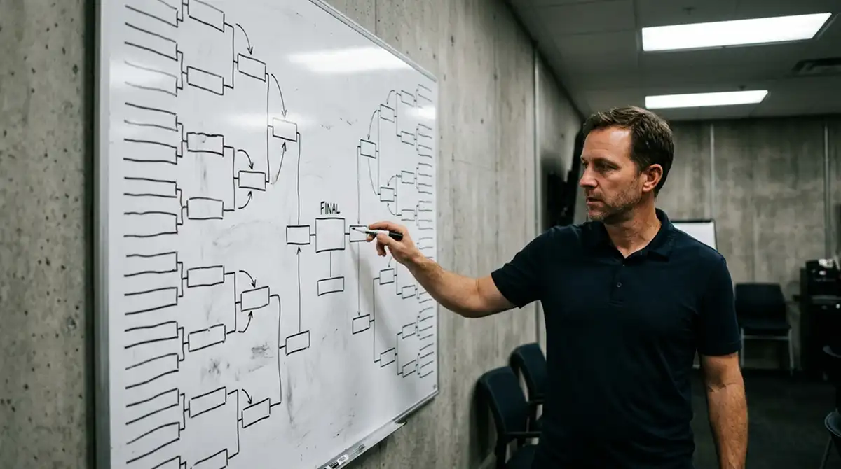 Whiteboard mit handgezeichneter Playoff-Struktur in einem Vereinsraum