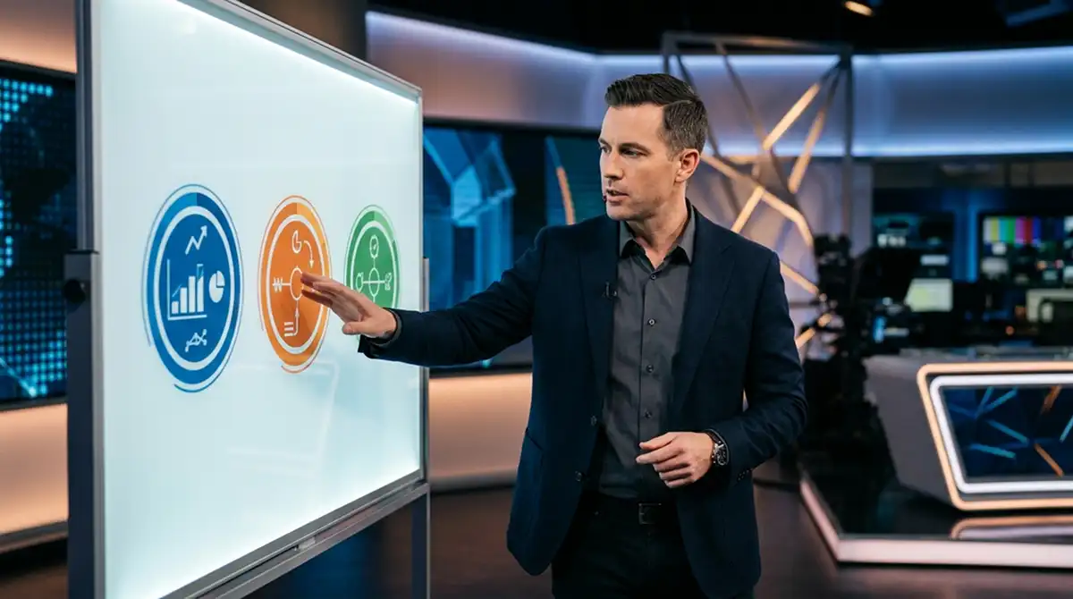 Sportreporter erklärt das Best-of-3-Spielformat anhand einer Tafel im Studio