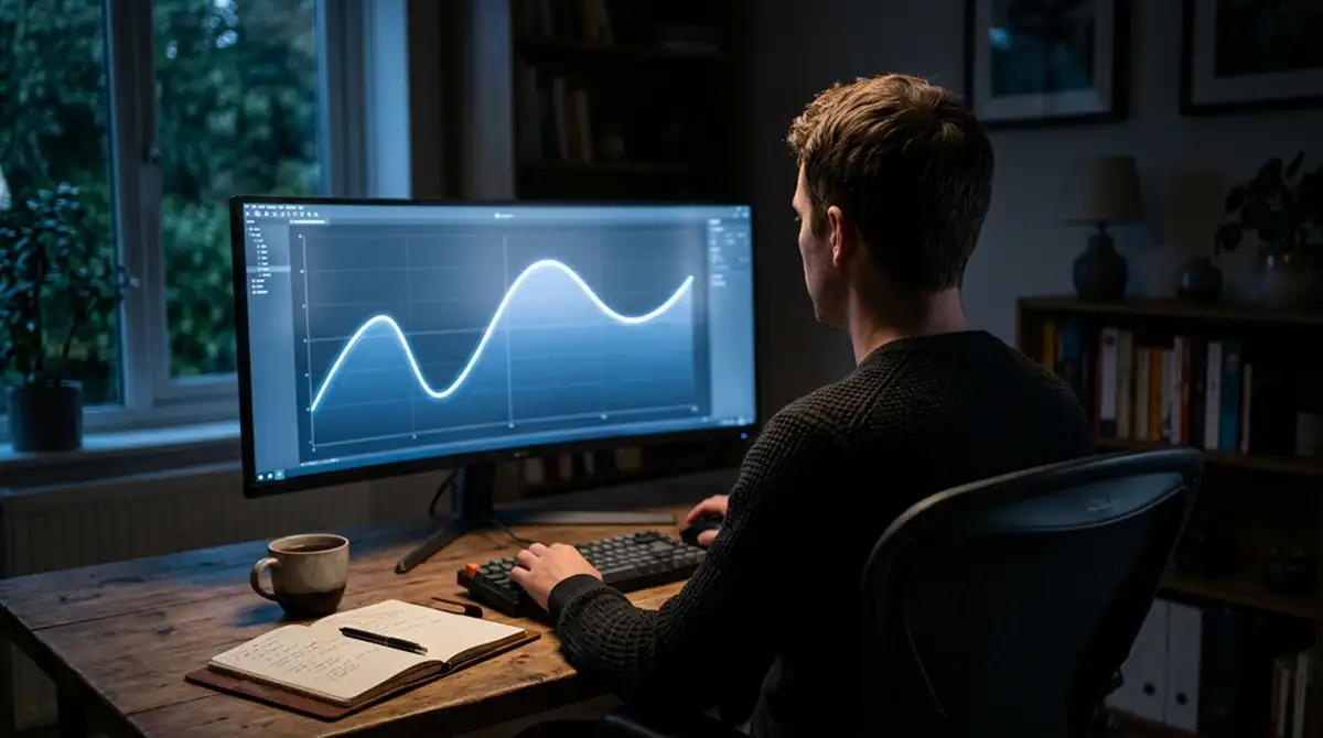 Analyst studiert einen Quotenverlauf auf einem Bildschirm in einem dunklen Büro