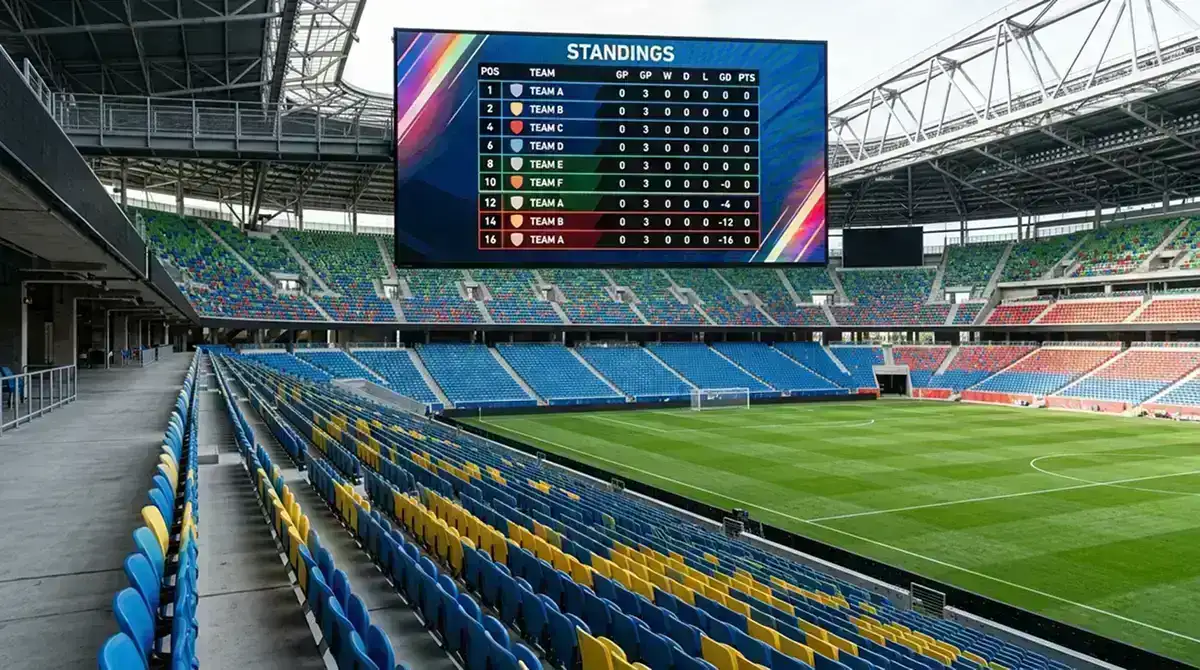 Tabellenanzeige der MLS Regular Season auf einem Stadion-Bildschirm vor Anpfiff