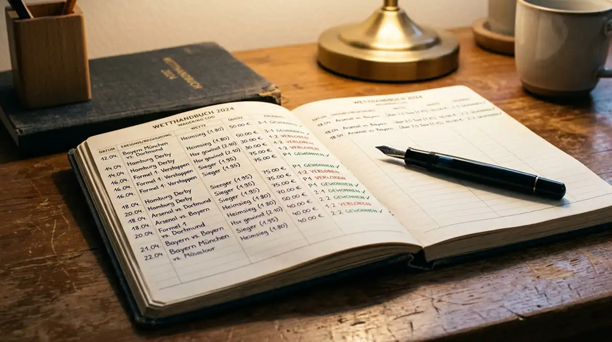Aufgeschlagenes Wettlog mit handschriftlich notiertem Saisonergebnis und Häkchen