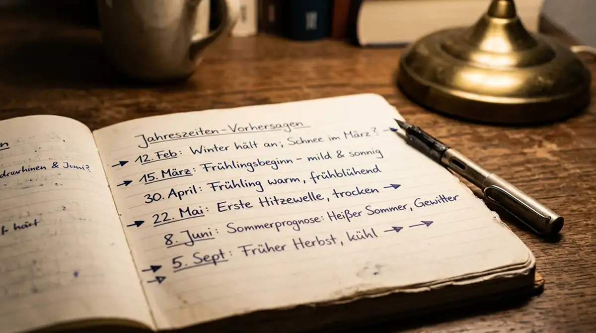 Aufgeschlagenes Notizheft mit handschriftlichen Saisonprognosen und Pfeilen