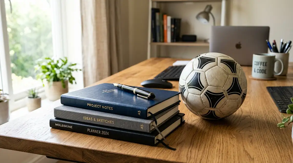 Schreibtisch mit organisierten Notizheften und einem Fußball als Symbol für Saisonroutine
