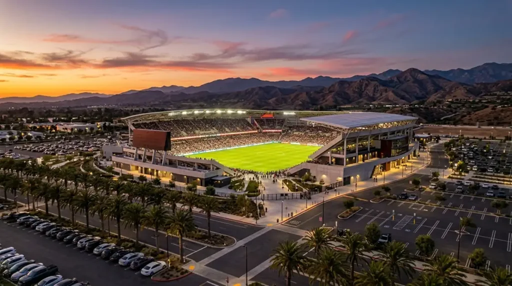 Snapdragon Stadium von San Diego FC bei Sonnenuntergang aus der Vogelperspektive