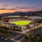 Snapdragon Stadium von San Diego FC bei Sonnenuntergang aus der Vogelperspektive