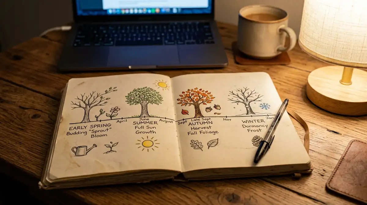 Tipper plant die Saison-Wettpunkte in einem Notizbuch