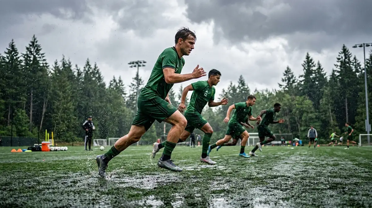 Soccer-Trainingsszene unter pazifisch-nordwestlichem Nieselregen