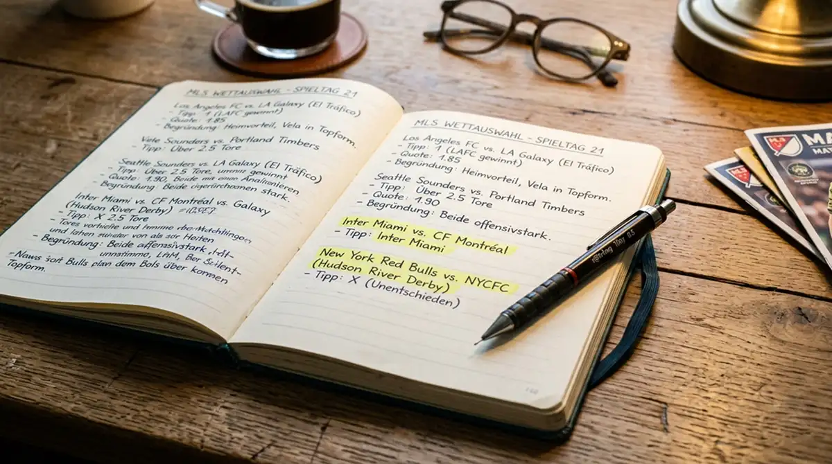 Notizbuch mit handschriftlicher MLS-Tippauswahl und markierten Schlüsselspielen