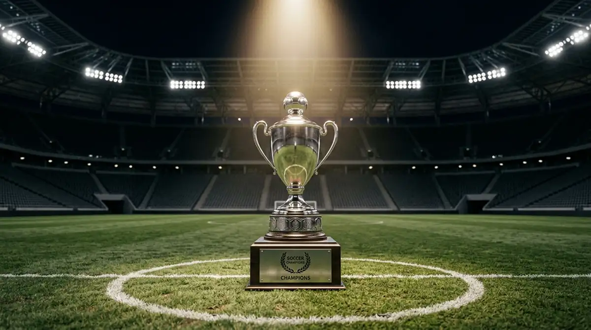 Generische silberne Soccer-Trophäe unter dem Spotlight im Stadion