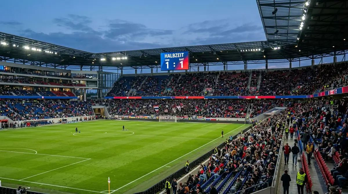 Stadionanzeigetafel kurz vor der Halbzeit als Bezugspunkt für HZ/ES-Wetten