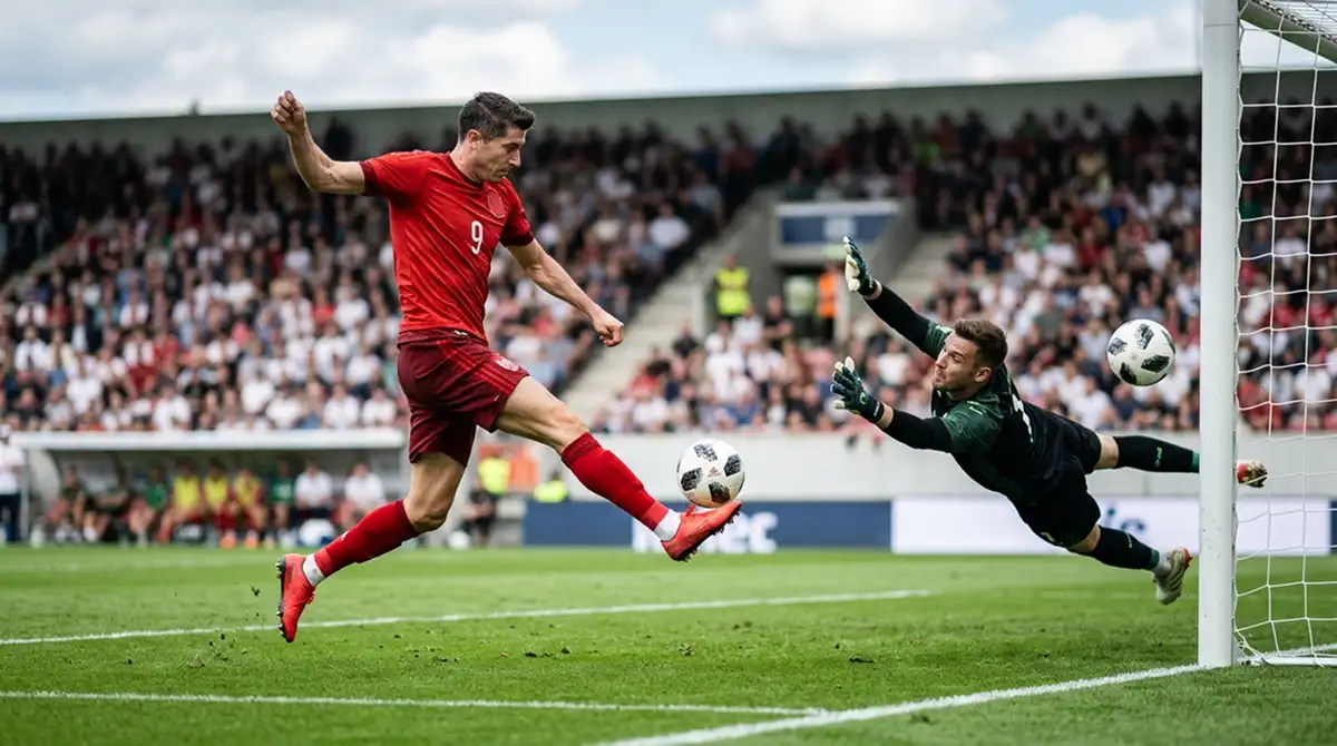 Soccer-Stürmer schießt aus dem Strafraum auf das Tor