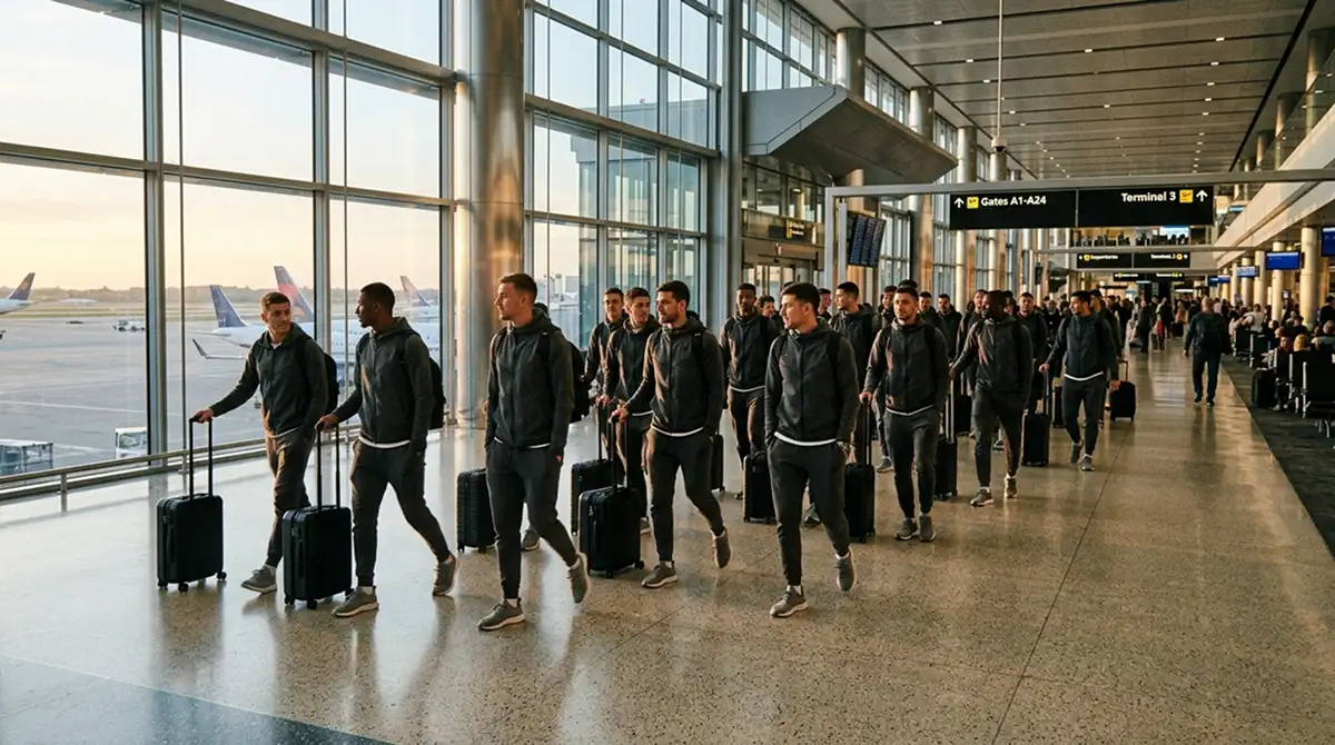 Fußballteam mit Reisegepäck am Flughafen als Symbol für Reisemüdigkeit in der MLS