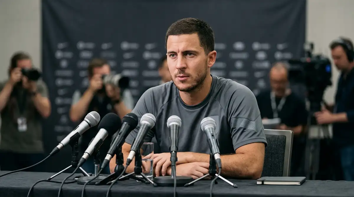 MLS-Spieler bei einer Pressekonferenz mit mehreren Mikrofonen vor einem Werbebanner
