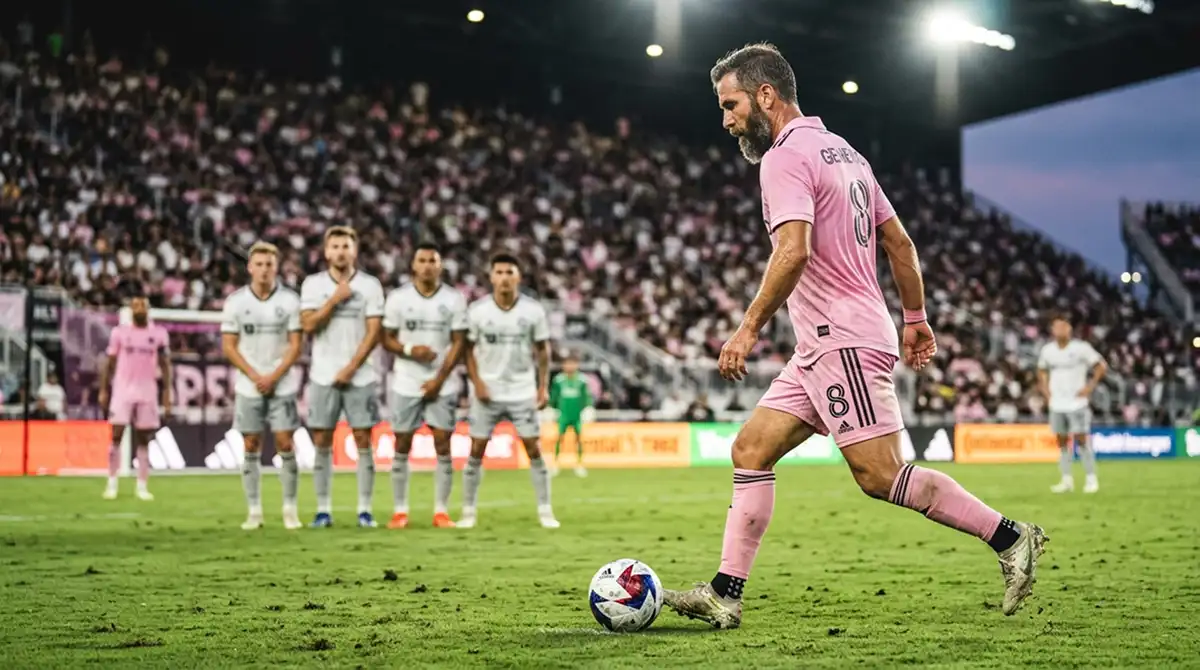 Stürmer im pinken Heimtrikot beim Freistoßaufbau auf dem MLS-Spielfeld