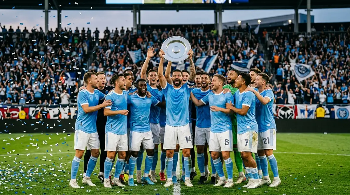 Soccer-Team posiert nach Saisonende mit einer großen Trophäe