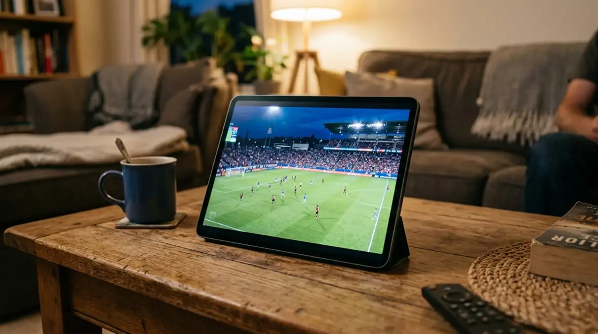 Tablet auf einem Holztisch zeigt eine Spielzusammenfassung mit MLS-Spielfeld