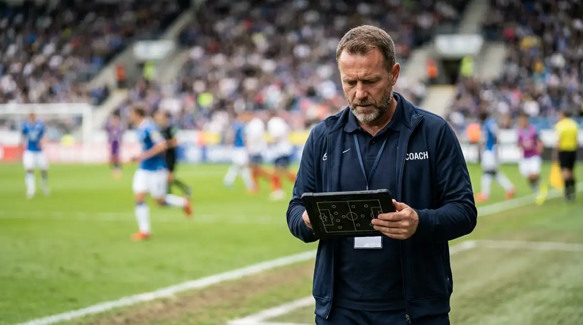 MLS-Trainer prüft taktische Daten auf einem Tablet am Spielfeldrand