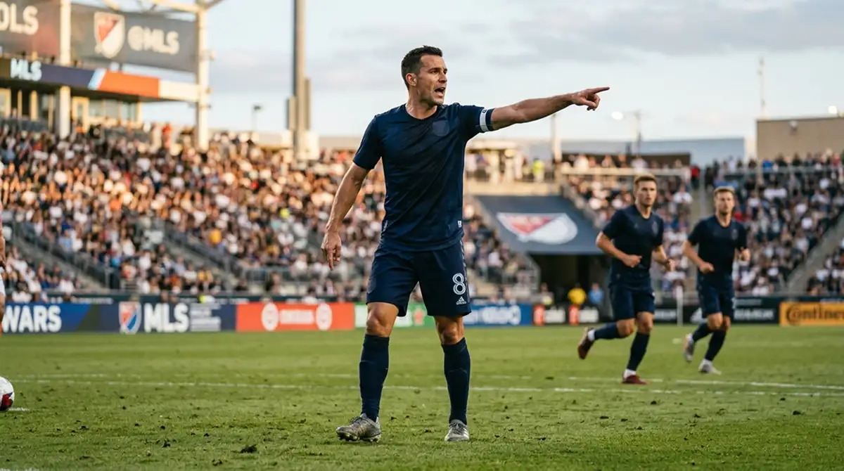 Erfahrener MLS-Mittelfeldspieler dirigiert seine Mannschaft mit ausgestrecktem Arm