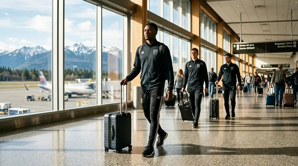 MLS-Mannschaft mit Reisetaschen auf einem amerikanischen Westküsten-Flughafen