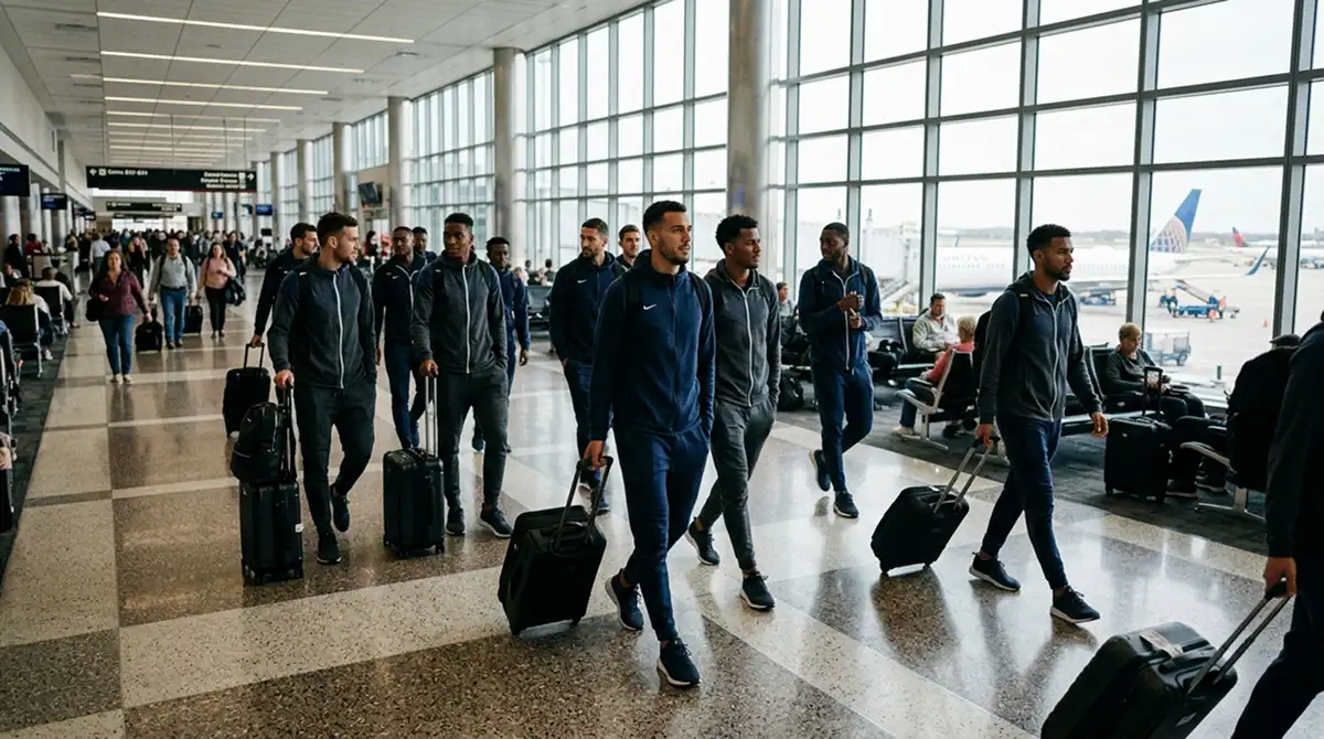 MLS-Mannschaft mit Reisetaschen auf einem amerikanischen Flughafen
