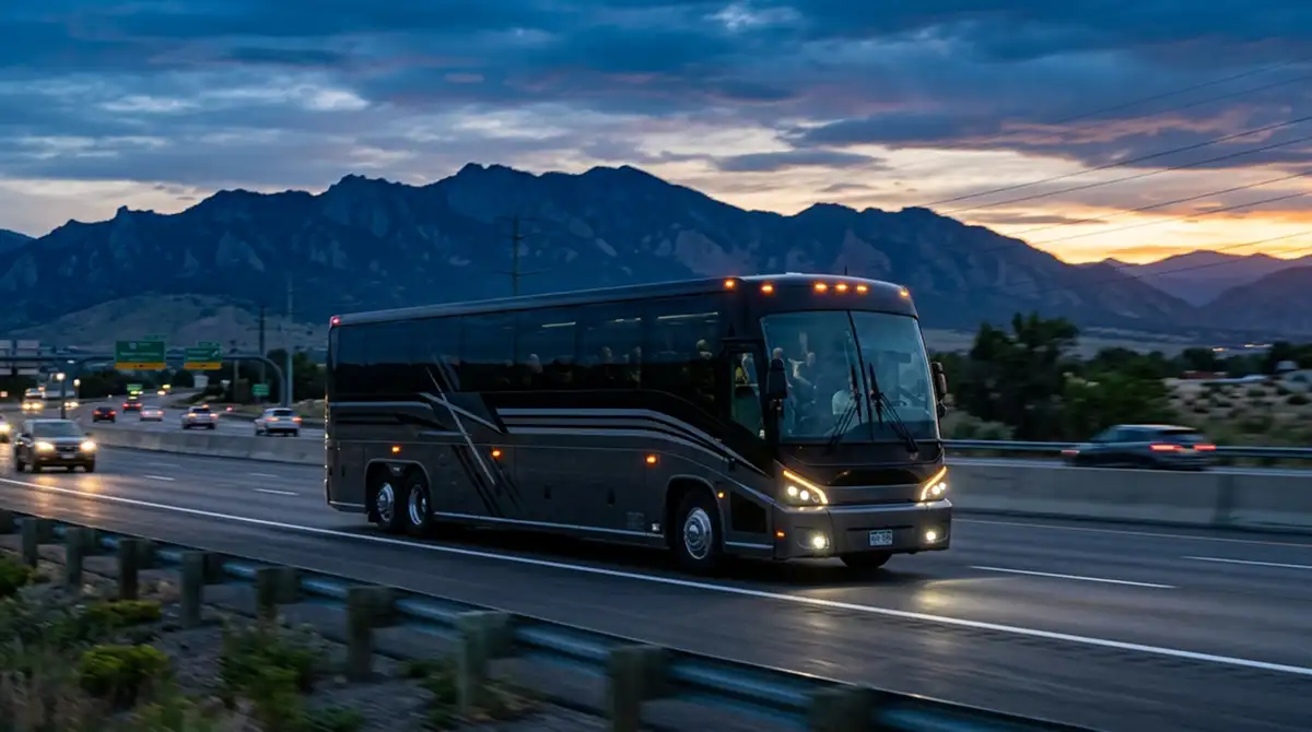 Mannschafts-Bus eines MLS-Teams fährt über eine amerikanische Autobahn
