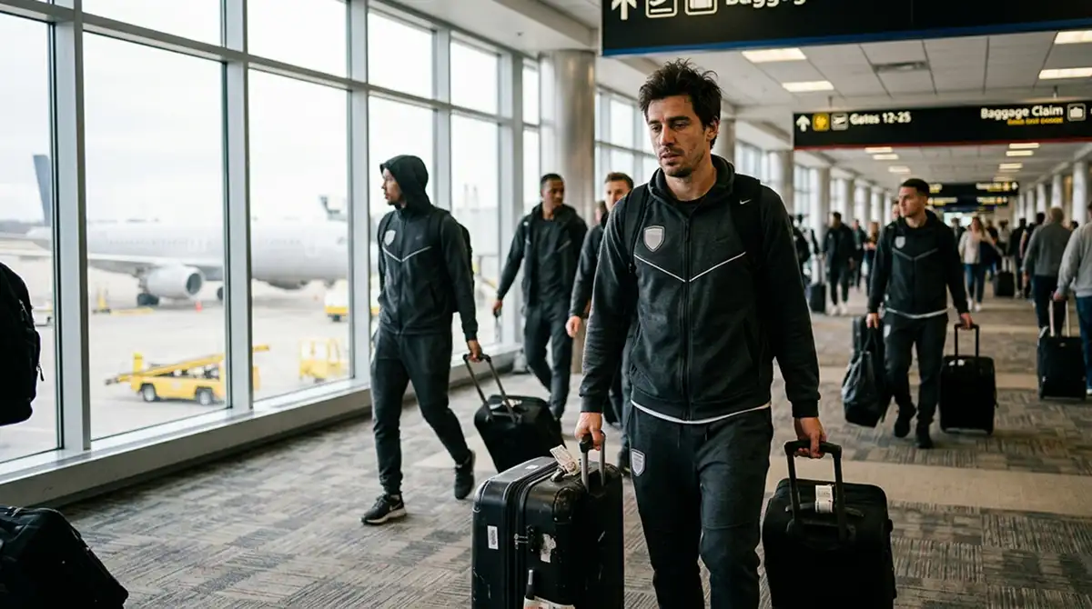 Müdes Auswärts-Soccer-Team beim Aussteigen am amerikanischen Flughafen