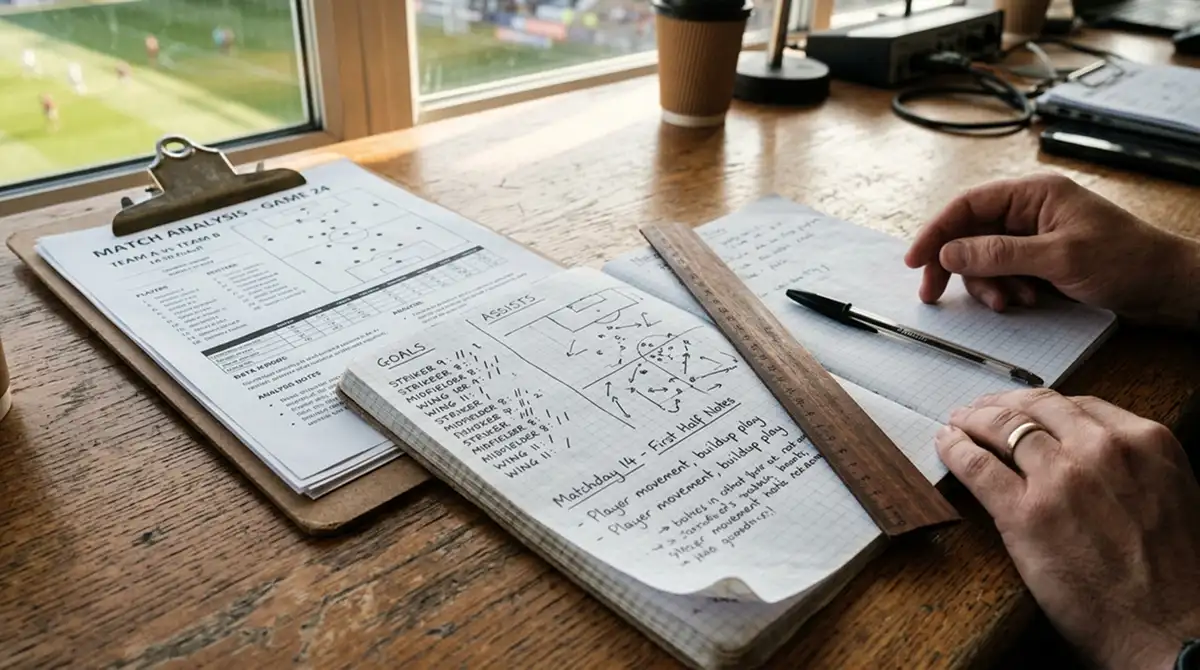 Notizen zur Torschützen-Statistik eines MLS-Stürmers auf einem Schreibtisch mit Klemmbrett