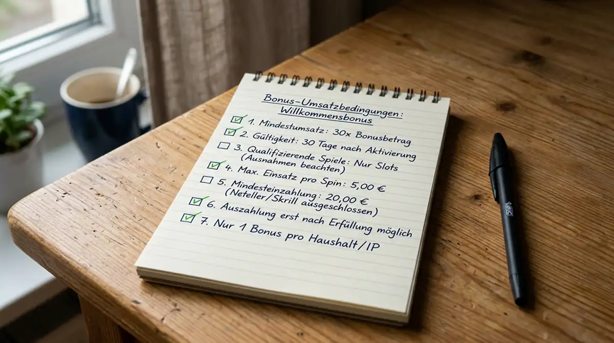 Notizblock mit handschriftlich notierten Bonus-Umsatzbedingungen und Häkchen