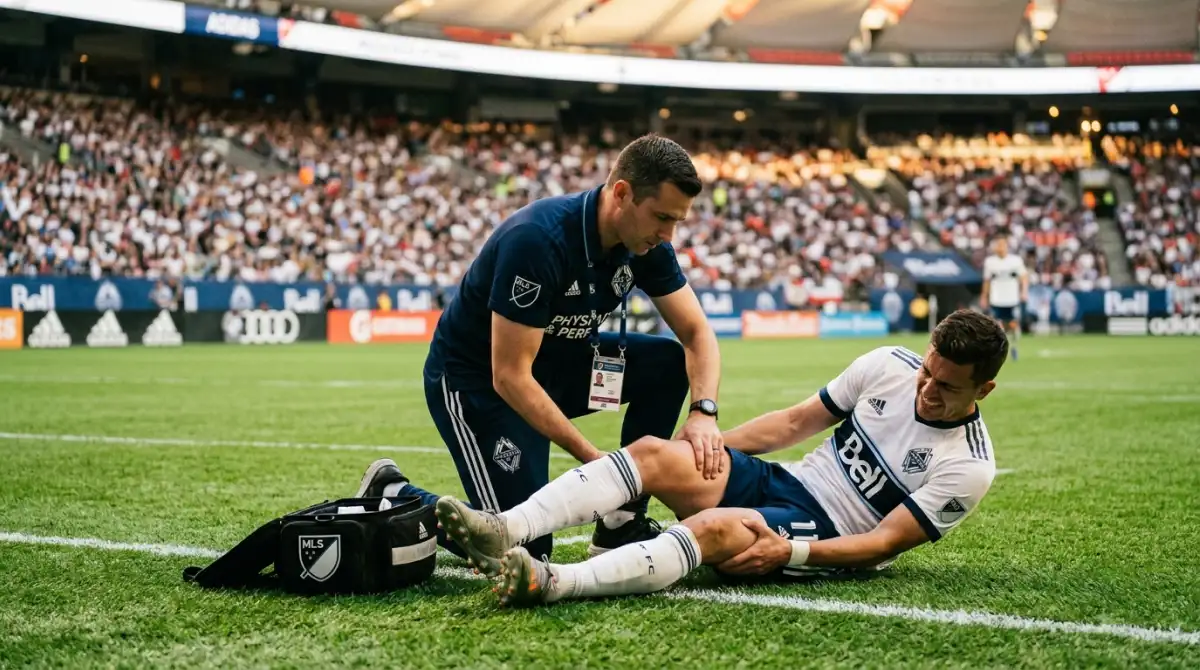 MLS-Physiotherapeut versorgt einen verletzten Spieler am Spielfeldrand