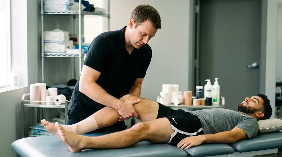 Physiotherapeut behandelt einen MLS-Spieler auf einer Therapieliege