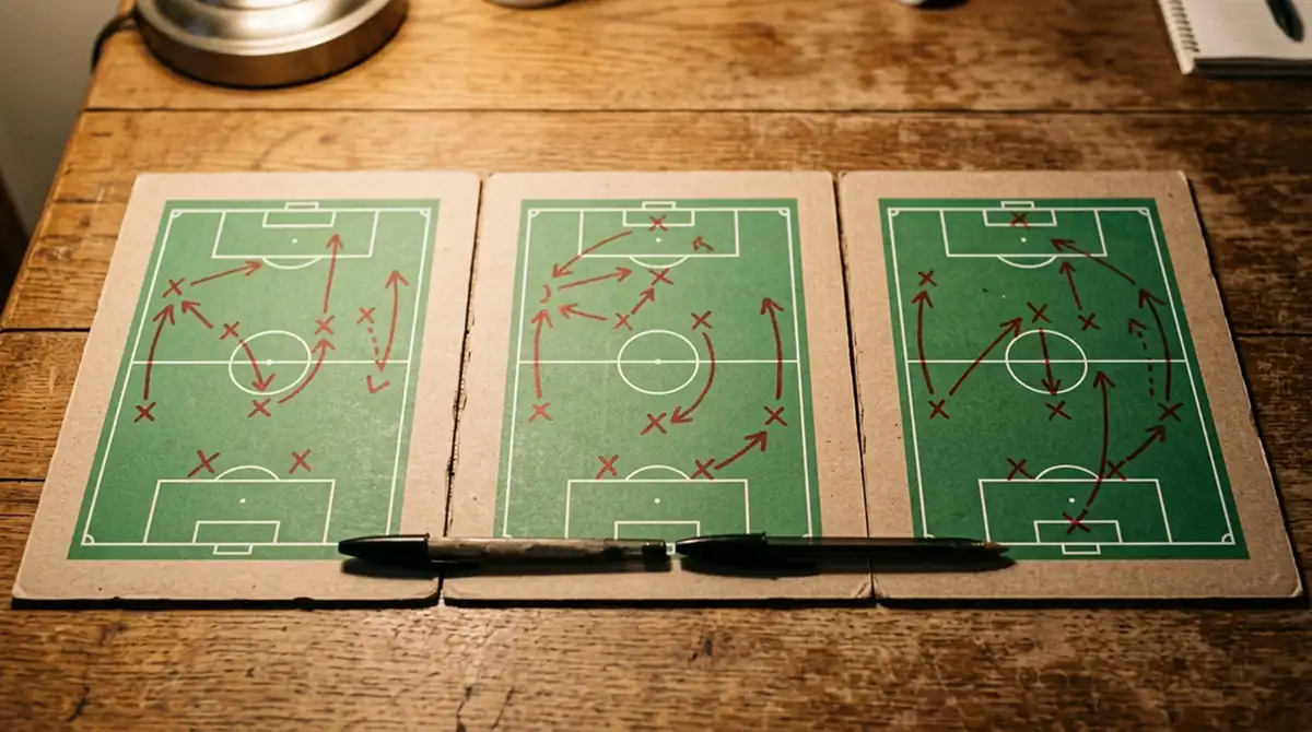 Drei nebeneinander gestellte Spielfeld-Zeichnungen auf einem Klemmbrett